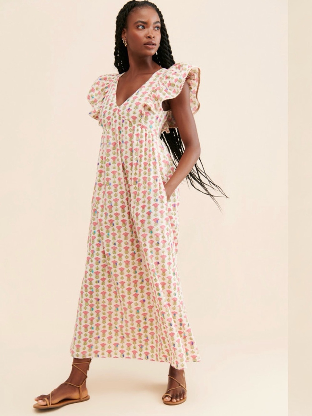 Saylor Anthropology Floral Ruffle Maxi Dress in Pink & Cream Cottagecore Cotton